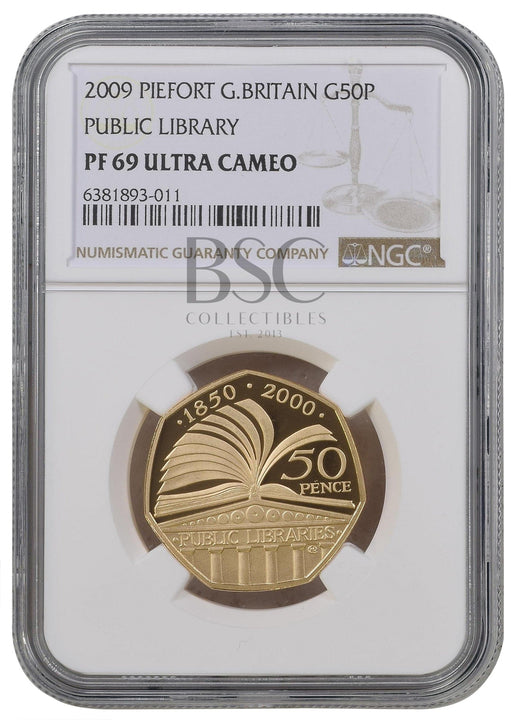 Elizabeth II, 2009 Gold Proof "Public Libraries" Piedfort Fifty Pence NGC PF69 Ultra Cameo