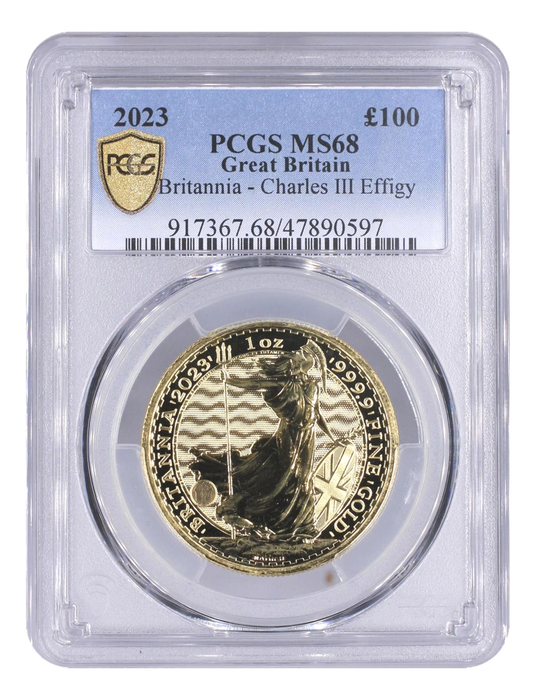 Charles III Effigy, 2023 1oz Gold Britannia One Hundred Pounds PCGS MS68