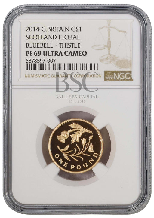 Elizabeth II, 2014 Gold Proof "Scotland" One Pound NGC PF70 Ultra Cameo