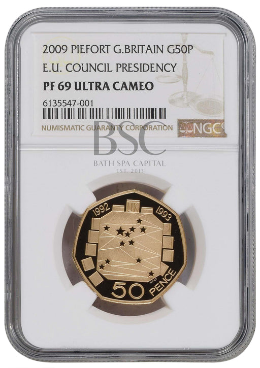 Elizabeth II, 2009 Gold Proof "EU Presidency" Piedfort Fifty Pence NGC PF69 Ultra Cameo