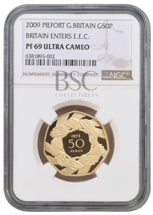 Elizabeth II, 2009 Gold Proof "Entry into EEC" Piedfort Fifty Pence NGC PF69 Ultra Cameo