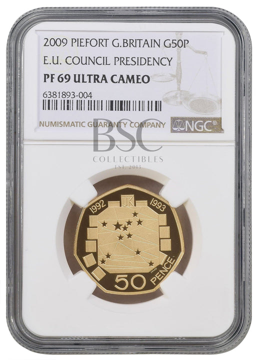 Elizabeth II, 2009 Gold Proof "EU Presidency" Piedfort Fifty Pence NGC PF69 Ultra Cameo