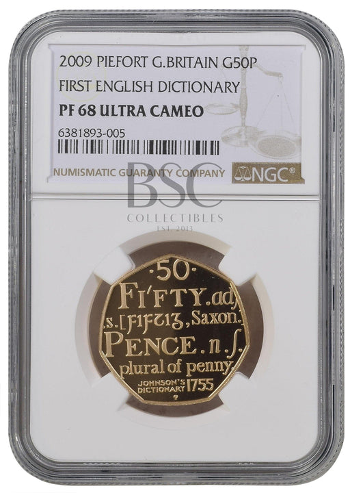Elizabeth II, 2009 Gold Proof "Johnson's Dictionary" Piedfort Fifty Pence NGC PF68 Ultra Cameo