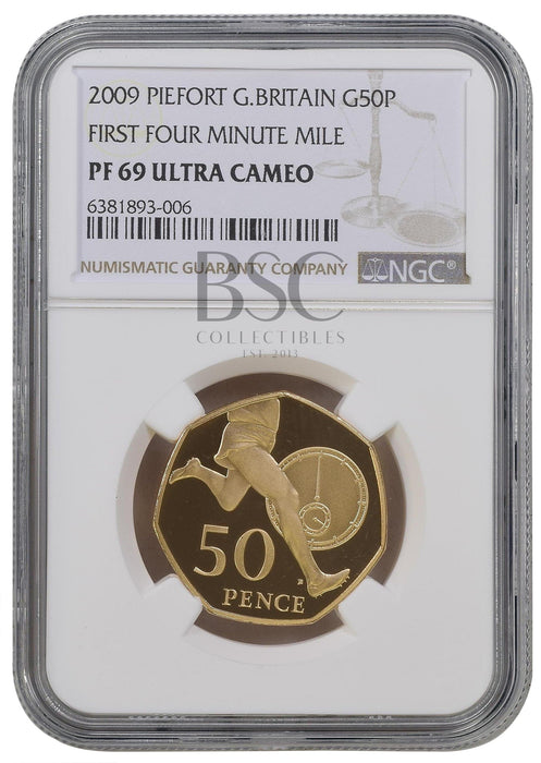 Elizabeth II, 2009 Gold Proof "Four Minute Mile" Piedfort Fifty Pence NGC PF69 Ultra Cameo