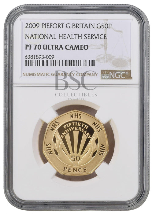 Elizabeth II, 2009 Gold Proof "NHS" Piedfort Fifty Pence NGC PF70 Ultra Cameo