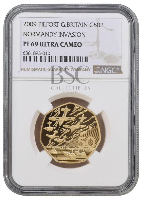 Elizabeth II, 2009 Gold Proof "Normandy Invasion" Piedfort Fifty Pence NGC PF69 Ultra Cameo