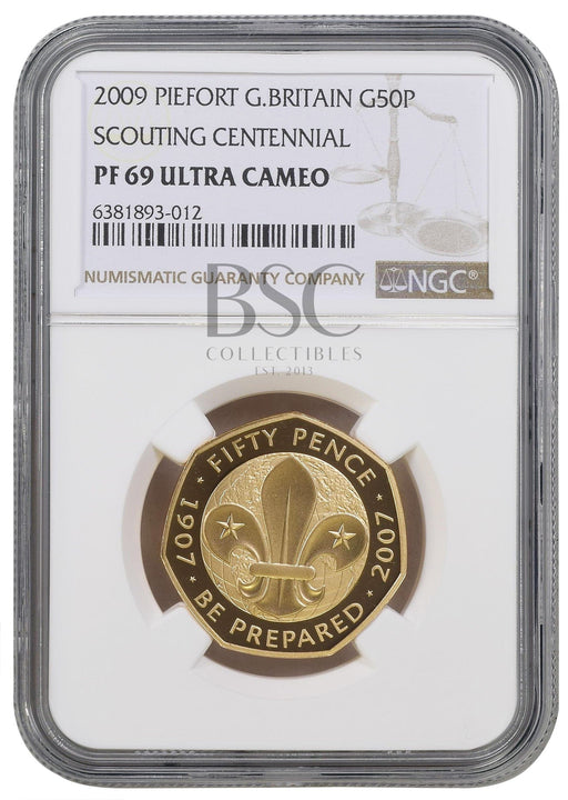 Elizabeth II, 2009 Gold Proof "Scouts" Piedfort Fifty Pence NGC PF69 Ultra Cameo