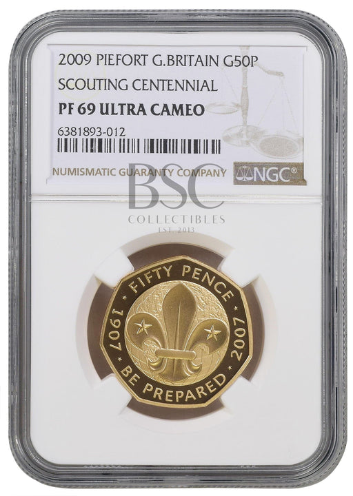Elizabeth II, 2009 Gold Proof "Scouts" Piedfort Fifty Pence NGC PF69 Ultra Cameo
