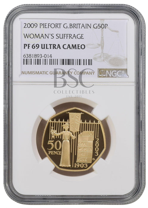 Elizabeth II, 2009 Gold Proof "Women's Suffrage" Piedfort Fifty Pence NGC PF69 Ultra Cameo