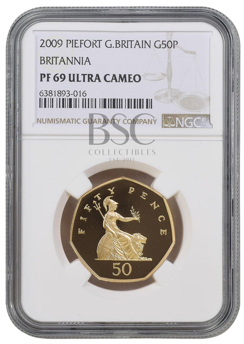 Elizabeth II, 2009 Gold Proof "Britannia" Piedfort Fifty Pence NGC PF69 Ultra Cameo