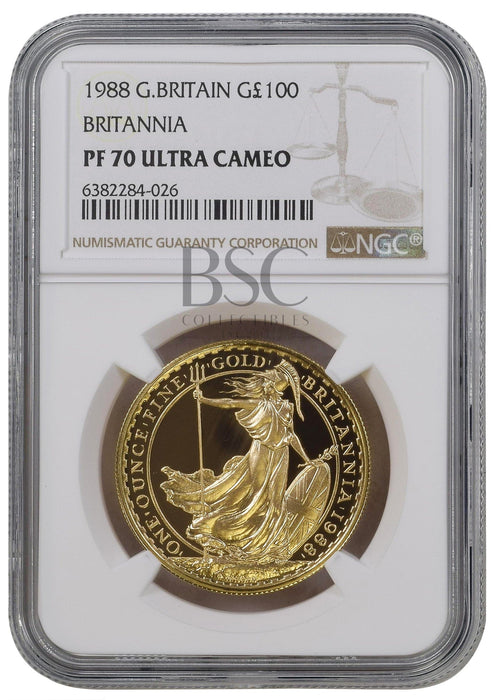 Elizabeth II, 1988 Gold Proof Britannia One Hundred Pounds NGC PF70 Ultra Cameo