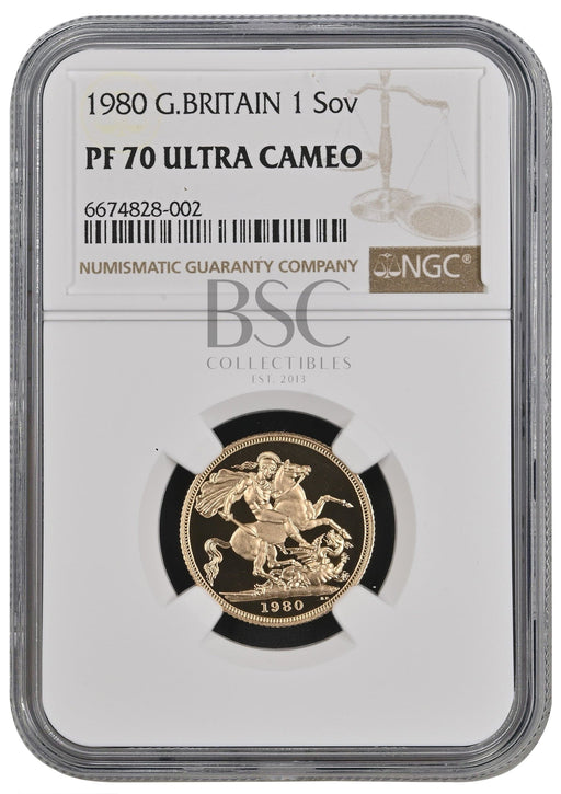 Elizabeth II, 1980 Gold Proof Sovereign NGC PF70 Ultra Cameo