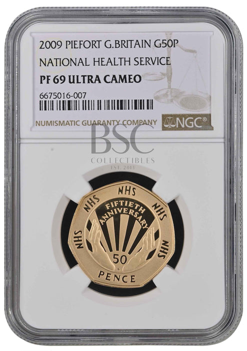Elizabeth II, 2009 Gold Proof "NHS" Piedfort Fifty Pence NGC PF69 Ultra Cameo