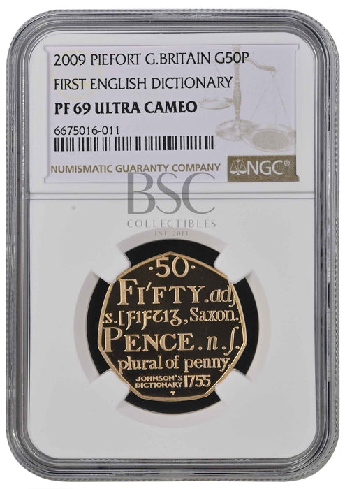 Elizabeth II, 2009 Gold Proof "Johnson's Dictionary" Piedfort Fifty Pence NGC PF69 Ultra Cameo