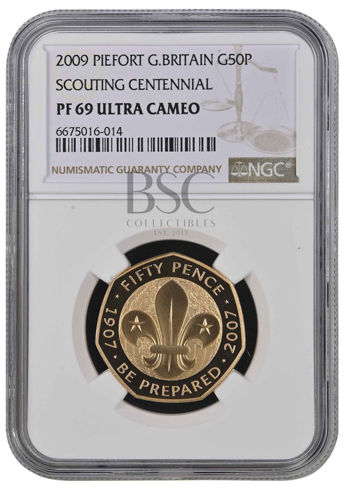 Elizabeth II, 2009 Gold Proof "Scouts" Piedfort Fifty Pence NGC PF69 Ultra Cameo
