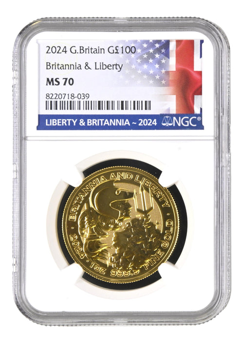 2024 GB £100 1oz Gold Britannia & Liberty NGC Graded MS70