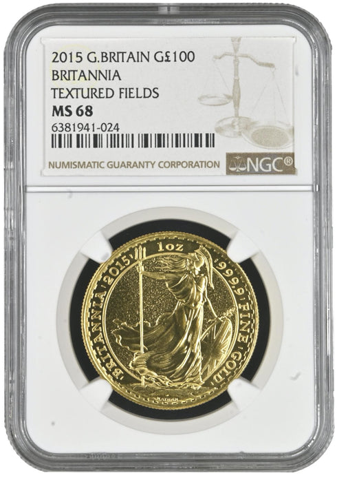 Elizabeth II, 2015 1oz Gold Britannia- Textured Fields - One Hundred Pounds NGC MS68
