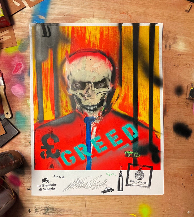Banker's Greed - Framed Embellished Screen Print (2022) - Limited Edition of 50 by Lincoln Townley