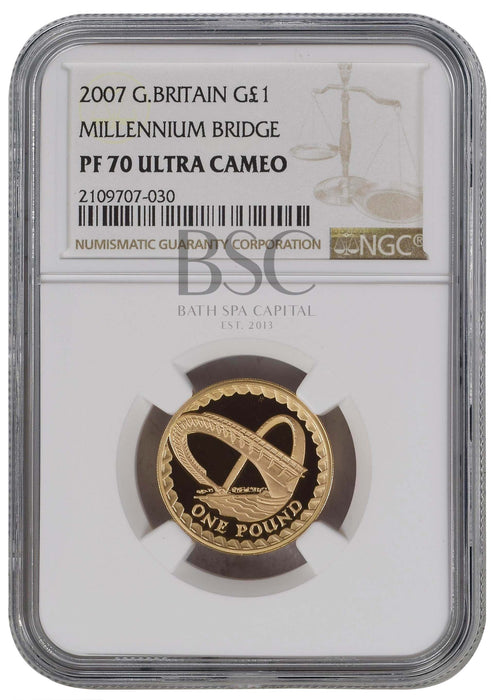 Elizabeth II, 2007 Gold Proof "Millennium Bridge" One Pound NGC PF70 Ultra Cameo