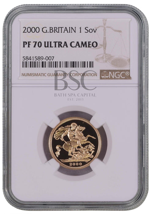 Elizabeth II, 2000 Gold Proof Sovereign NGC PF70 Ultra Cameo