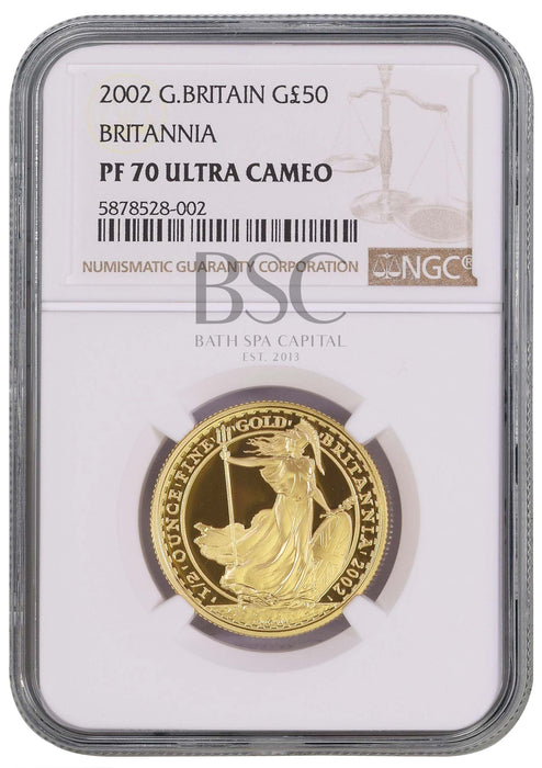 Elizabeth II, 2002 Gold Proof Britannia Fifty Pounds NGC PF70 Ultra Cameo