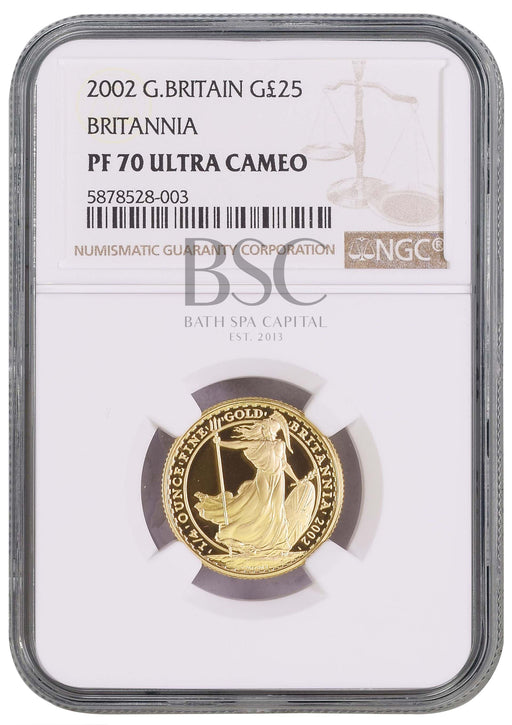 Elizabeth II, 2002 Gold Proof Britannia Twenty Five Pounds NGC PF70 Ultra Cameo