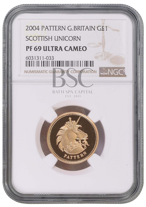Elizabeth II, 2004 Gold Proof "Scottish Unicorn" Pattern One Pound NGC PF69 Ultra Cameo