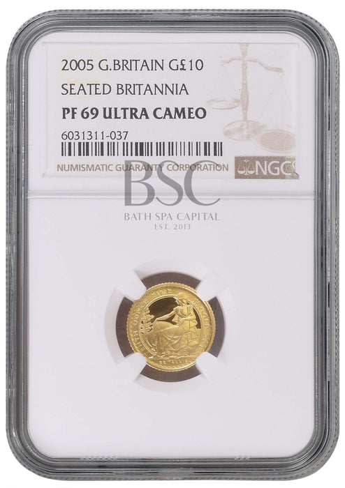 Elizabeth II, 2005 Gold Proof Britannia Ten Pounds NGC PF69 Ultra Cameo