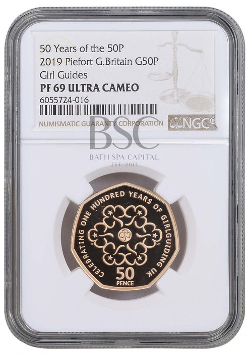 Elizabeth II, 2019 Gold Proof Piedfort "Girl Guiding" Fifty Pence NGC PF69