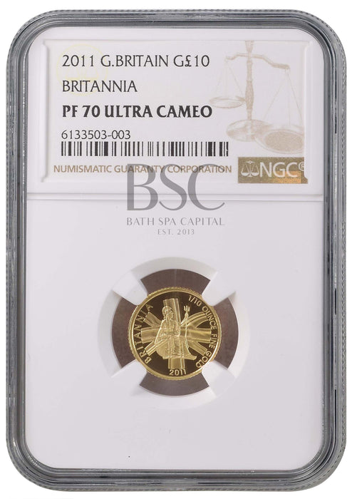 Elizabeth II, 2011 Gold Proof Britannia Ten Pounds NGC PF70 Ultra Cameo