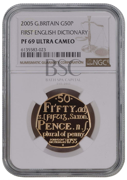 Elizabeth II, 2005 Gold Proof "Johnson's Dictionary" Fifty Pence NGC PF70 Ultra Cameo