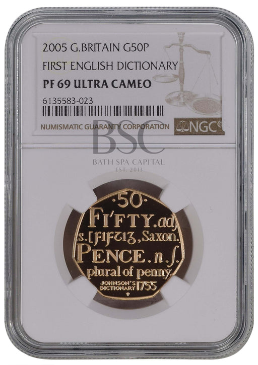 Elizabeth II, 2005 Gold Proof "Johnson's Dictionary" Fifty Pence NGC PF70 Ultra Cameo