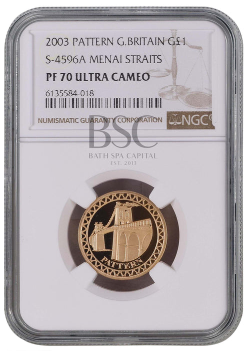 Elizabeth II, 2003 Gold Proof "Menai Straits Bridge" Pattern One Pound NGC PF70 Ultra Cameo