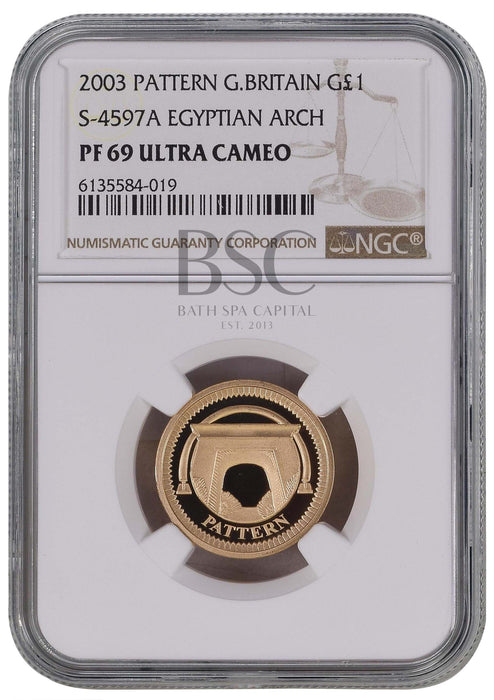 Elizabeth II, 2003 Gold Proof "Egyptian Arch Bridge" Pattern One Pound NGC PF69 Ultra Cameo