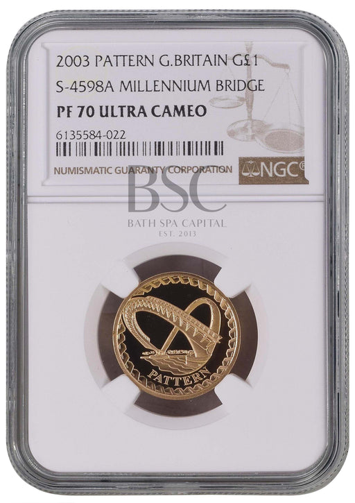 Elizabeth II, 2003 Gold Proof "Millennium Bridge" Pattern One Pound NGC PF70 Ultra Cameo