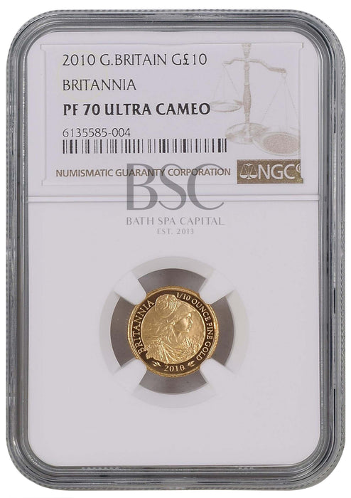Elizabeth II, 2010 Gold Proof Britannia Ten Pounds NGC PF70 Ultra Cameo
