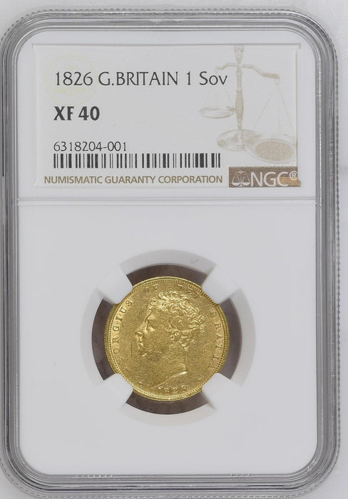 George IV, 1826 Gold Sovereign NGC XF40